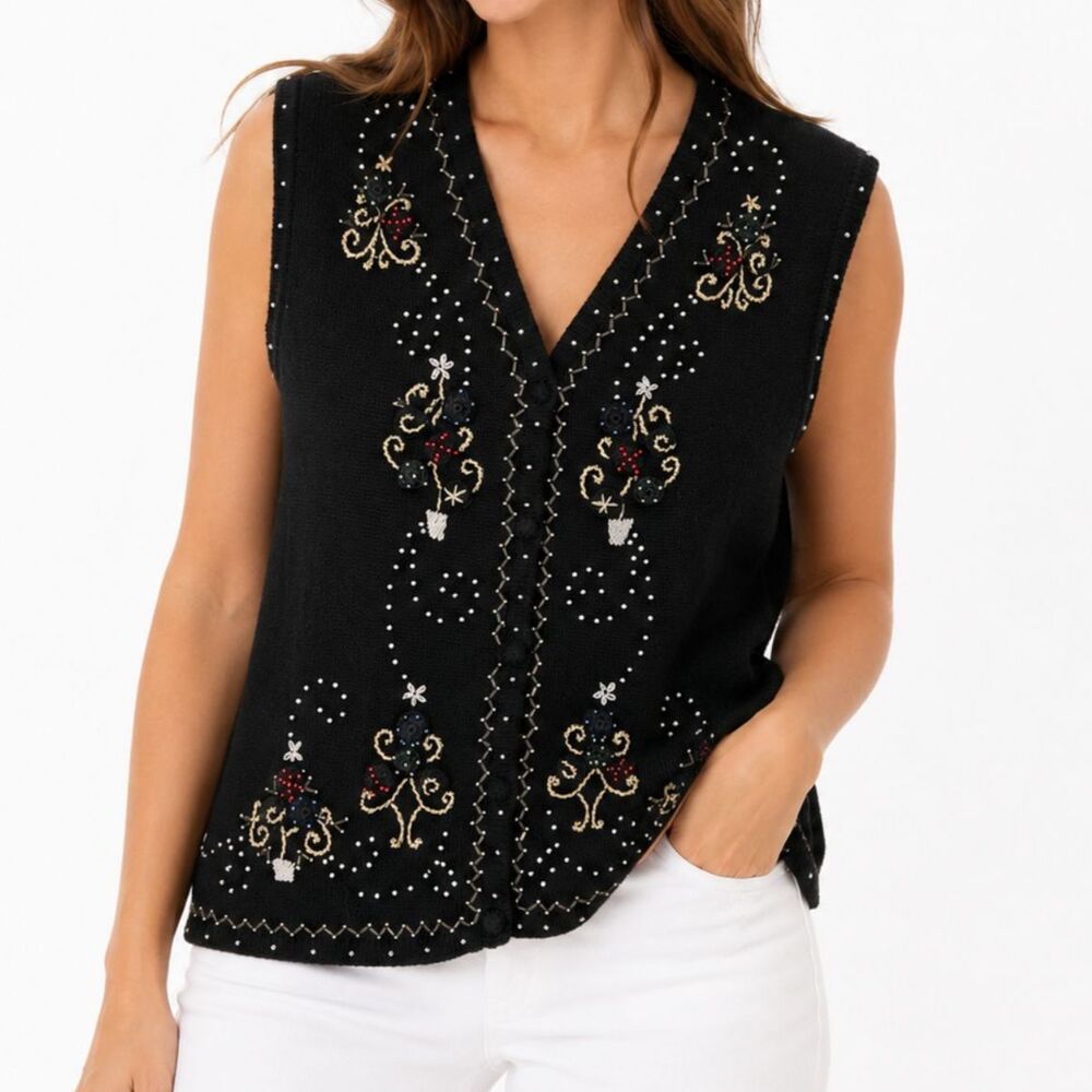 Vinteage Erika Sweater Vest with Embroidery and beads.  Size XL